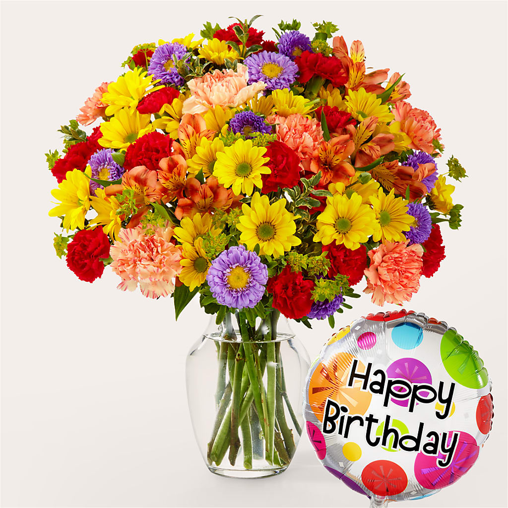 Kaleidoscope Bouquet with Birthday Balloon – Joy Flowers, Hicksville NY