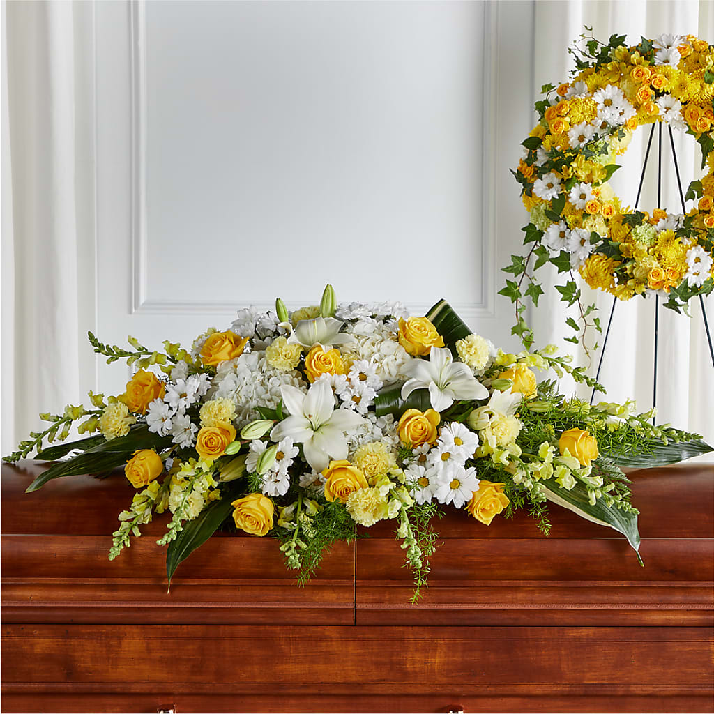 Golden Harmony Casket Spray – Joy Flowers, Hicksville NY