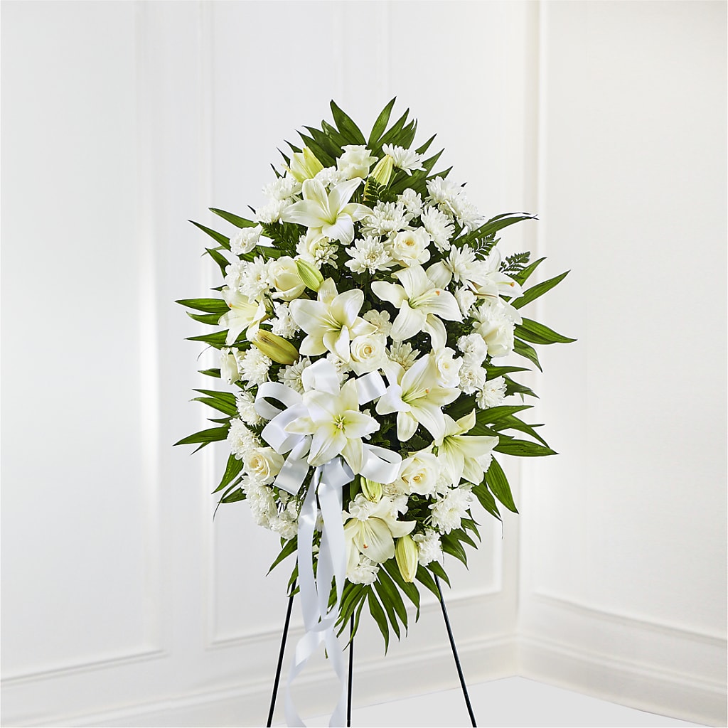 Exquisite Tribute Standing Spray-White Ribbon – Joy Flowers, Hicksville NY