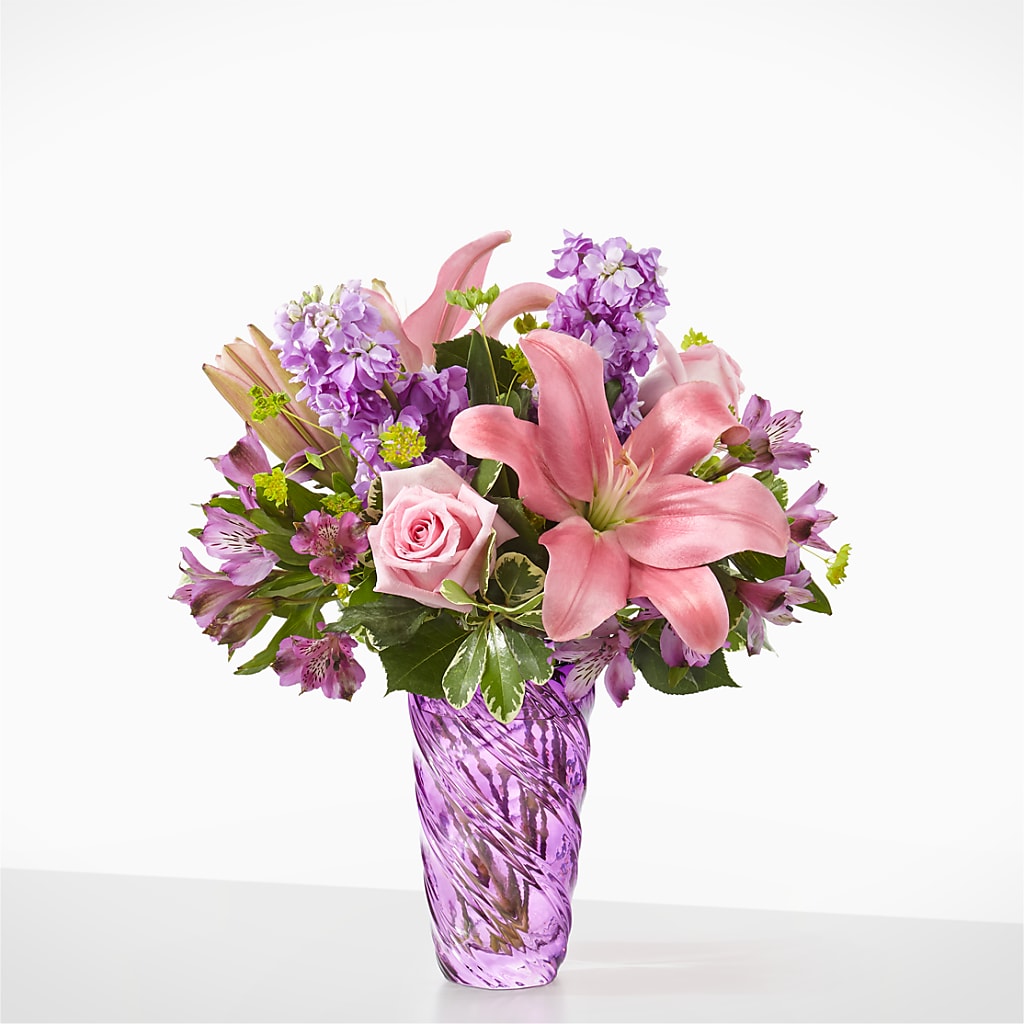 Precious Petals Bouquet with Luxe Swirl Vase – Joy Flowers, Hicksville NY